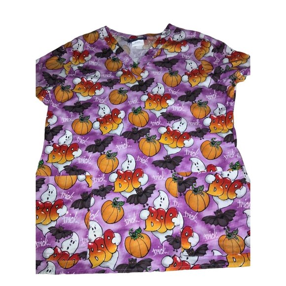 Halloween Scrub Top By Comfy Cotton Scrubs S 100% Cotton Ghost Pumpkin Print - Picture 3 of 5